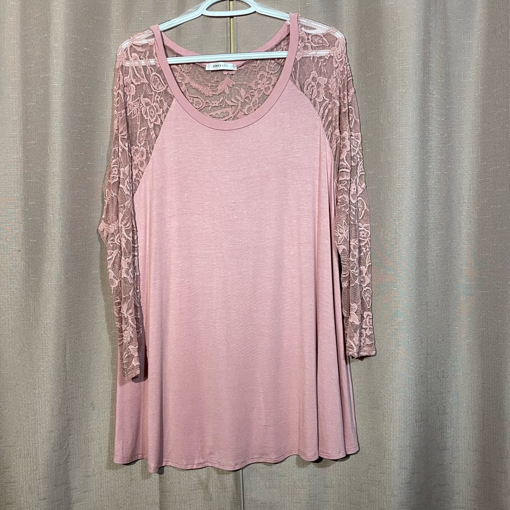 Emerald 1X Raglan Swing Tunic Top 3/4 Lace Sleeves Dusty Blush Pink EUC